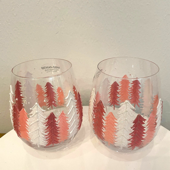 Set Of 2 Stemless Wine Glasses Hand Painted Pink and White Christmas Tree New - Picture 5 of 8